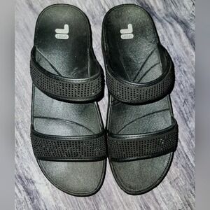 Fila‎ Sport Black Embellished Rhinestone Double Strap Slide Sandals